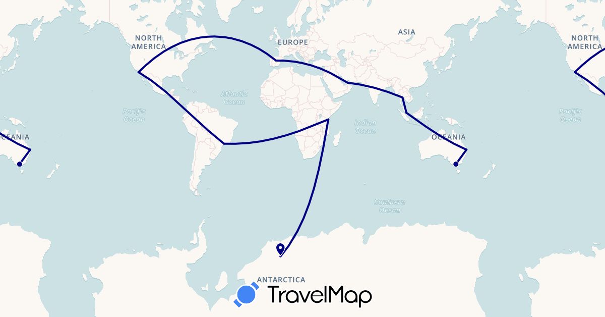 TravelMap itinerary: driving in United Arab Emirates, Antarctica, Australia, Brazil, Spain, Kenya, Singapore, Thailand, United States (Africa, Antarctica, Asia, Europe, North America, Oceania, South America)